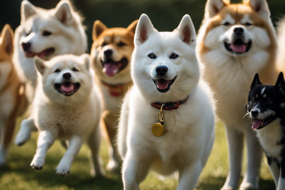 An image showcasing a diverse group of famous Spitz breeds engaged in various training activities: a courageous Akita perfecting obedience, a lively Siberian Husky excelling in agility, and a clever Shiba Inu mastering advanced tricks