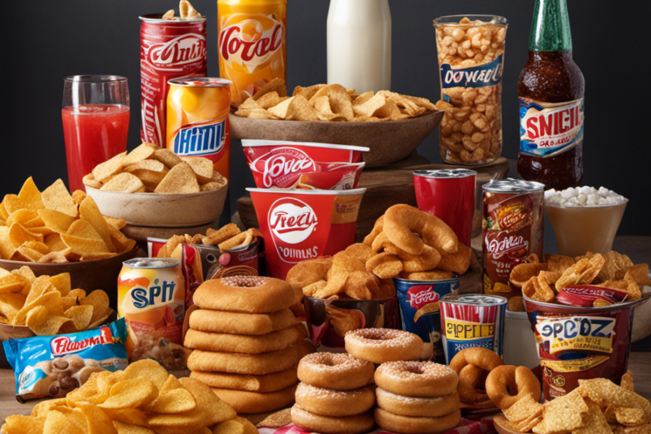 An image showcasing a colorful spread of processed snacks, sugary beverages, deep-fried treats, and refined grains