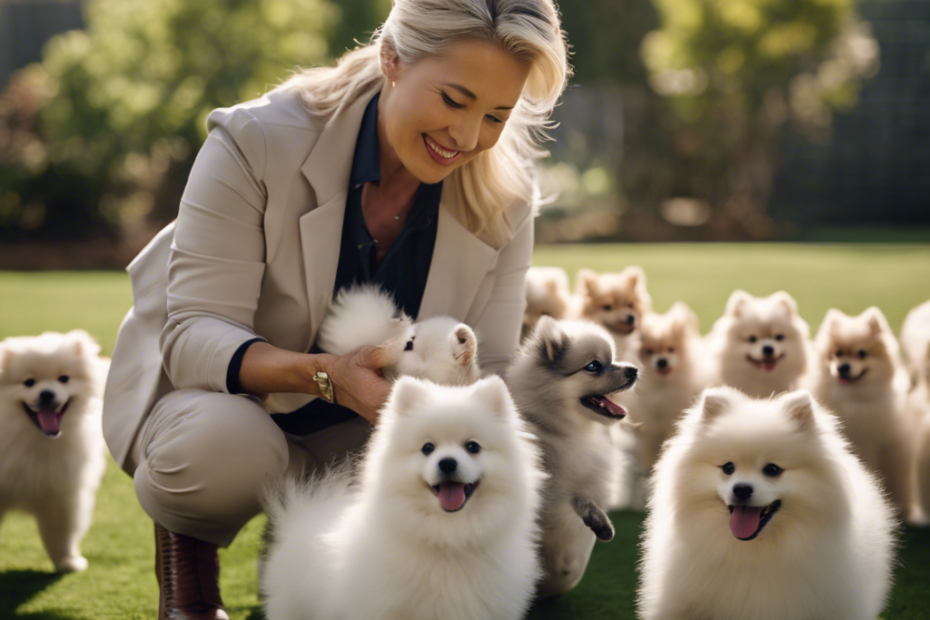 An image of a professional breeder gently handling a Spitz puppy, with nine other diverse Spitz dogs exhibiting calm and friendly behaviors, set in a nurturing environment with training obstacles and toys