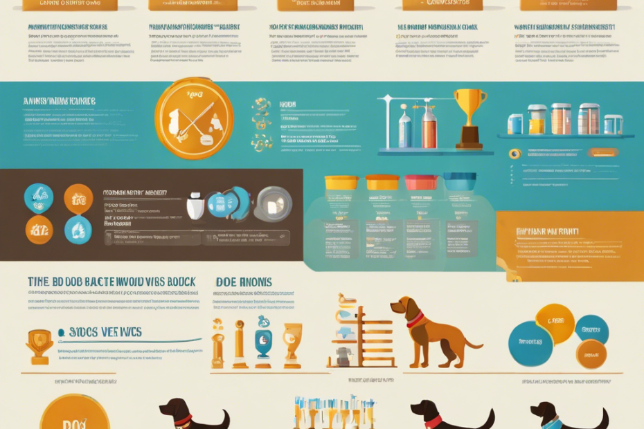 Ate a vibrant, step-by-step infographic with icons representing dog breeding: a heart, DNA helix, food bowl, vet checkup, exercise, socialization, pedigree chart, trophy, whelping box, and a happy, thriving puppy family