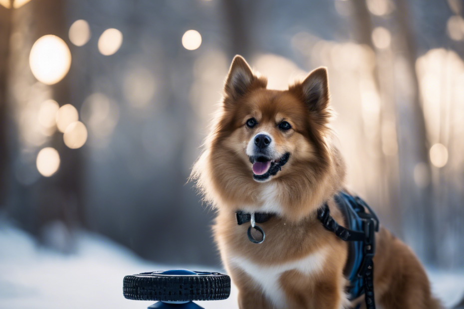 dog wearing a winter coat, surrounded by snow, agility equipment, weights, a sled, paw protectors, and a whistle hanging in the frosty air