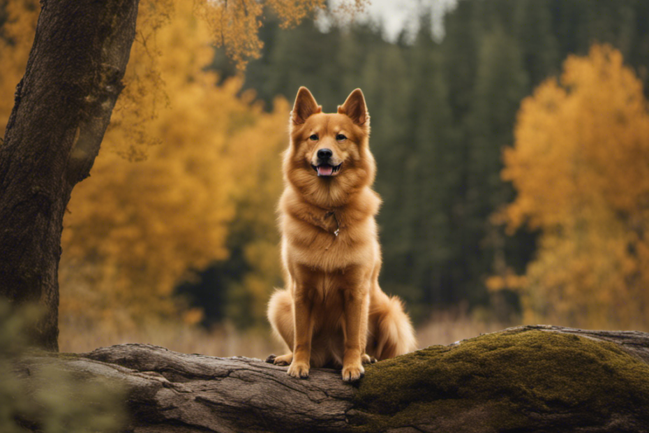 An image showcasing a Finnish Spitz dog in a serene natural setting, surrounded by symbols representing the 11 factors influencing their lifespan: genetics, diet, exercise, veterinary care, socialization, mental stimulation, living conditions, climate, stress levels, vaccination, and owner's responsibility