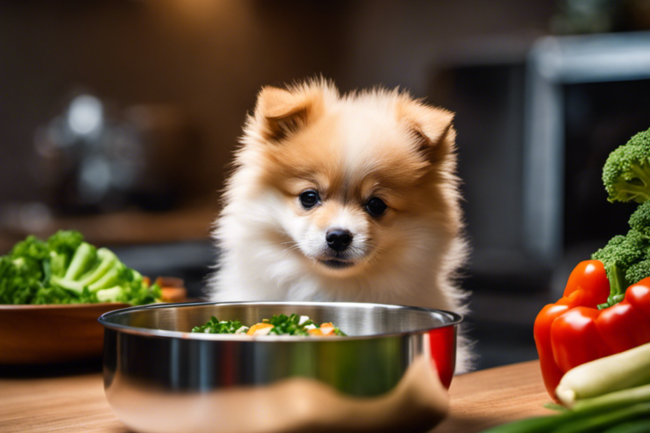 an adorable Spitz pup, eagerly wagging its tail, as it devours a balanced meal from its shiny stainless steel bowl