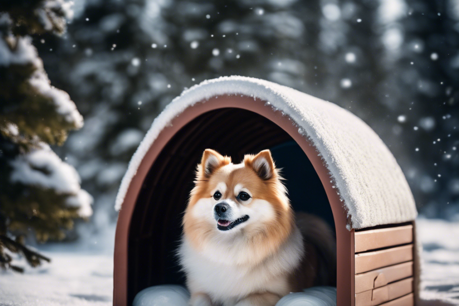 Ze a Spitz dog wearing a warm vest, surrounded by snowflakes, with a cozy igloo doghouse and a heated bowl, amidst a snowy landscape with pine trees