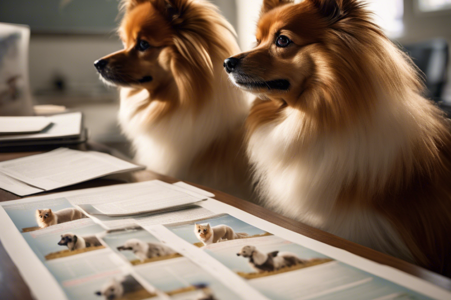 An image of diverse Spitz dogs in pairs, separated by a DNA double helix, with a vet reviewing a genetic report, and a world map pinpointing global Spitz populations