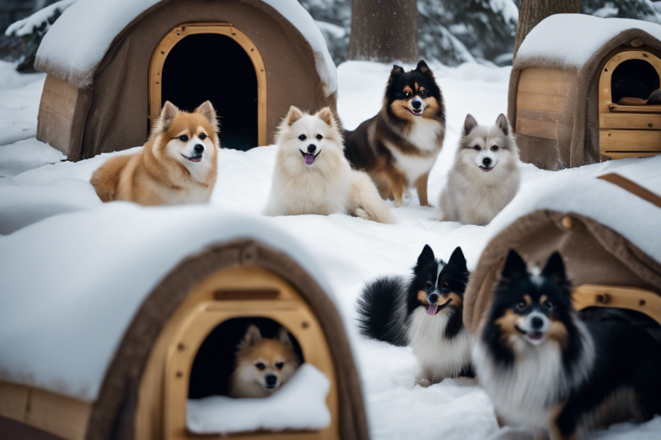 An image featuring a variety of Spitz dogs nestled together in a snowy landscape, with some burrowed in snow shelters, and others with visible breath in the cold air