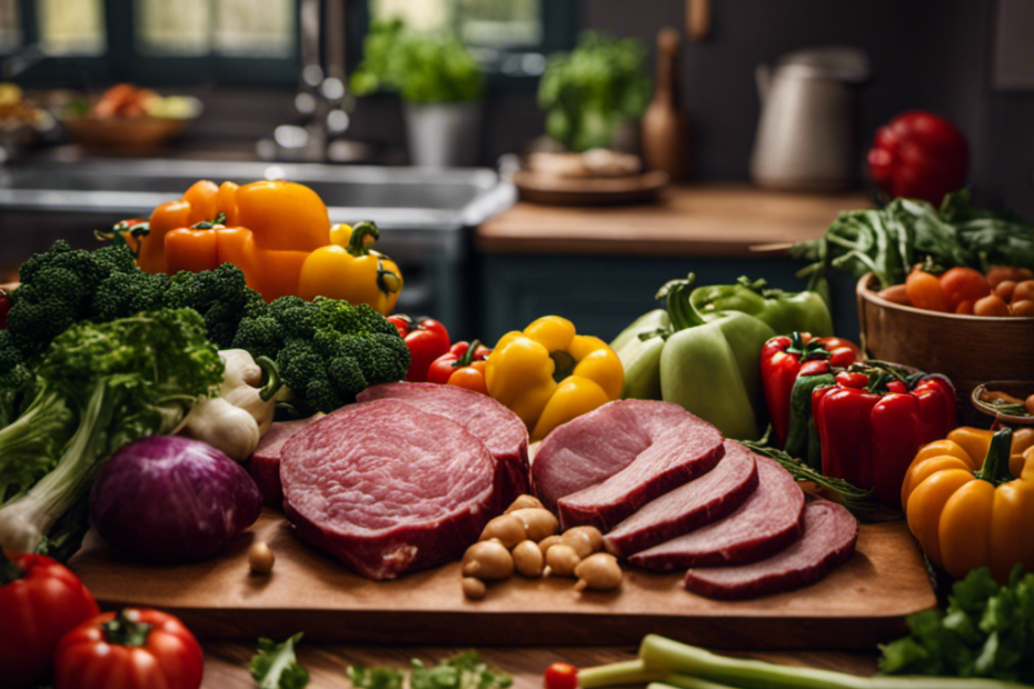 An image showcasing a cozy kitchen scene with a variety of colorful vegetables, fresh meats, and wholesome ingredients neatly arranged on a wooden cutting board, inspiring readers to prepare nutritious homemade meals for their beloved furry friends