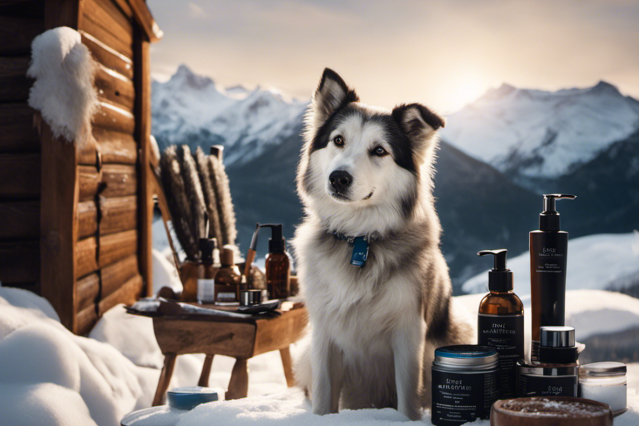 An image showcasing a snowy landscape with a cozy, wooden grooming station