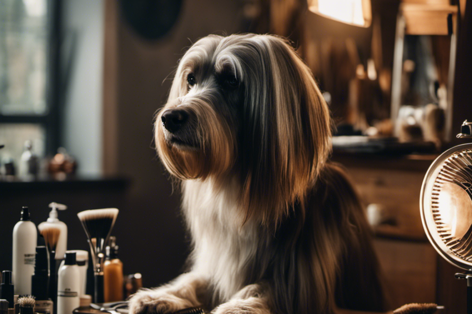 An image showcasing a long-haired dog peacefully standing on a grooming table, surrounded by a variety of brushes, combs, scissors, and other grooming tools