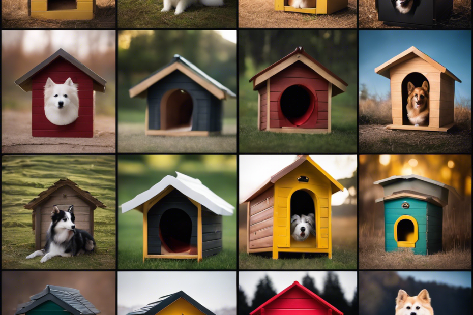 A collage of 14 diverse insulated dog houses, with Spitz breeds comfortably nestled inside, showcasing a variety of climates and settings, emphasizing warmth and protection