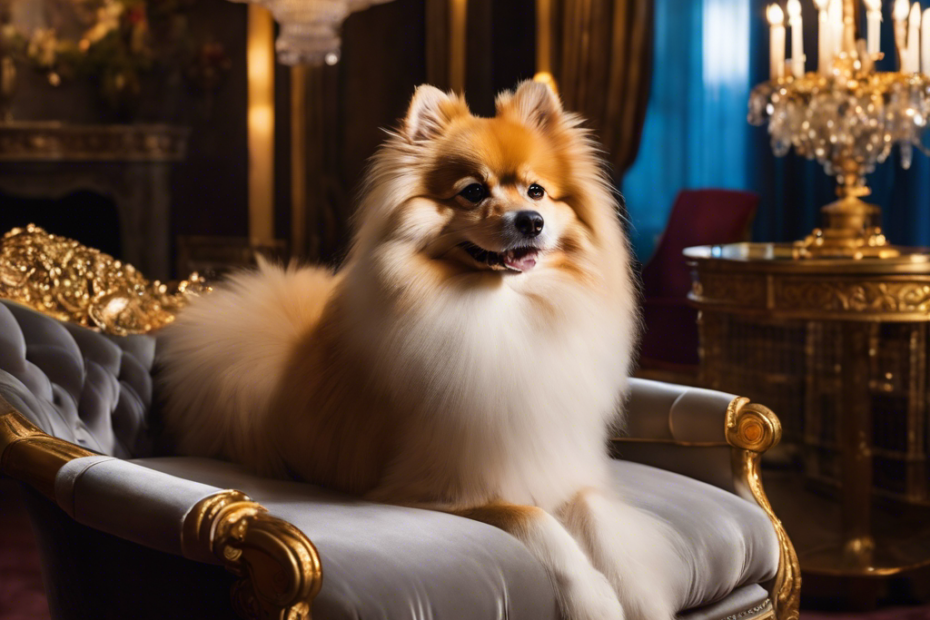 An image capturing a magnificent Spitz dog lounging on a velvet chaise longue, adorned with a diamond-studded collar, as the opulent room glows with golden accents, crystal chandeliers, and a grand piano in the background