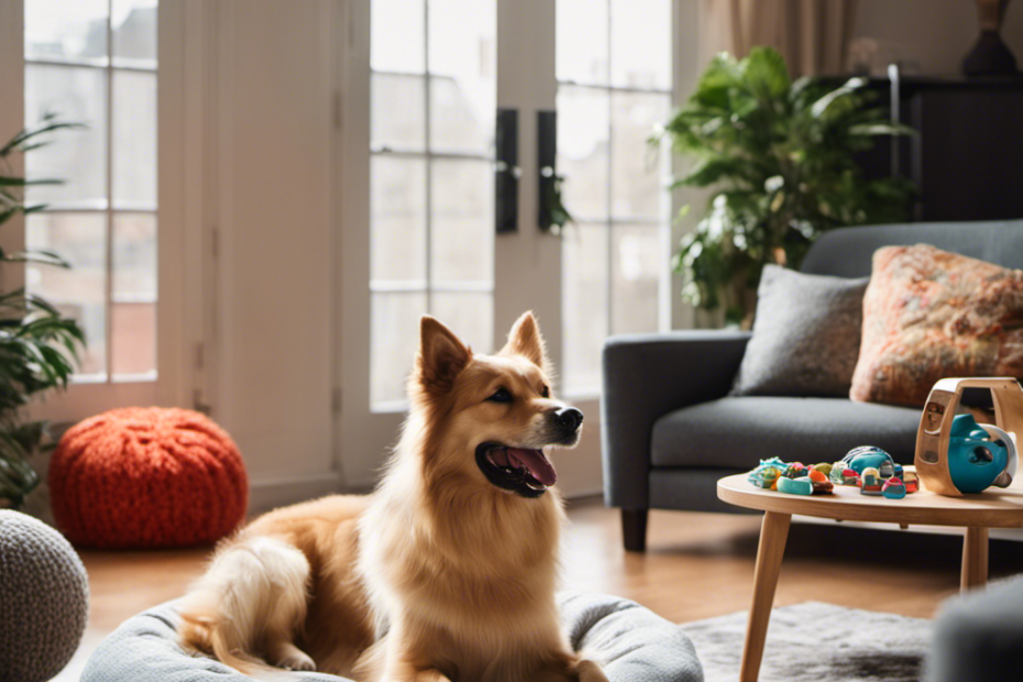 An image showcasing a cozy apartment setting with a spacious living area, strategically placed indoor dog toys, a comfy dog bed near a large window, a variety of training tools, and a smiling owner engaging in positive training techniques with a happy Spitz dog