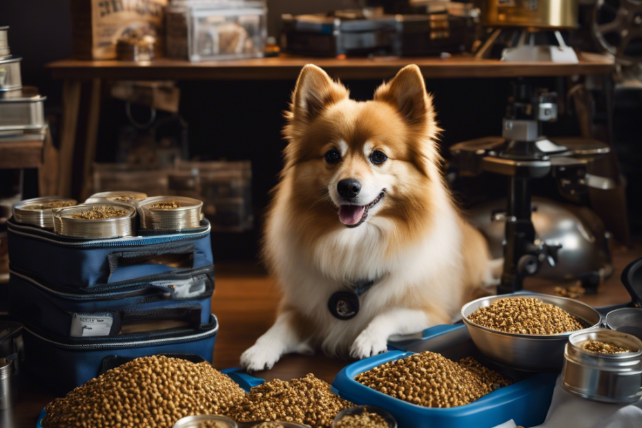 An image with a diverse group of Spitz dogs surrounded by vet equipment, pedigrees, dog food bags, training gear, awards, and a global map with currency symbols