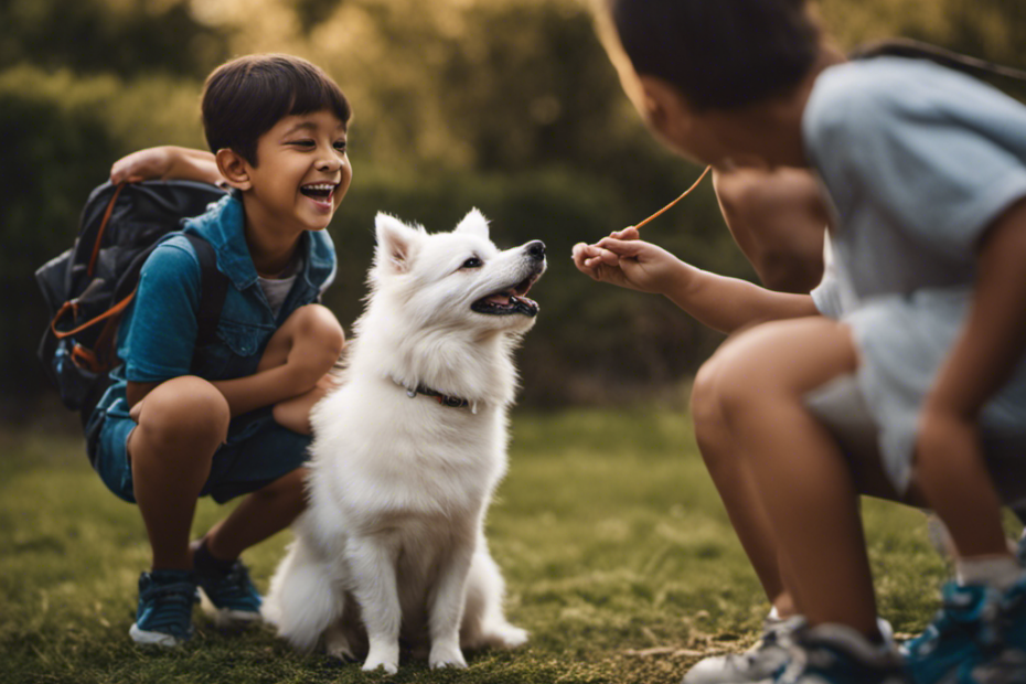 An image showcasing a happy spitz dog peacefully interacting with children, emphasizing step-by-step actions like gentle petting, supervised play, and positive reinforcement