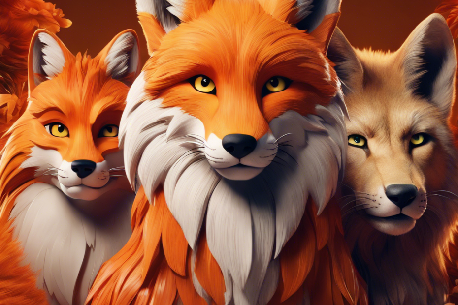 An image showcasing three iconic furry art stars in vivid detail: a lively fox, exuding mischievous charm with its vibrant orange fur; a majestic lion, emanating regal power with its flowing mane; and an elegant wolf, emanating a sense of mystery and grace with its piercing eyes