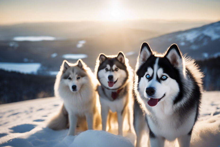 Pitz dog breeds, a Siberian Husky, an Alaskan Malamute, and a Samoyed, nestled in a snowy landscape, showcasing their thick fur and cold-resistant features