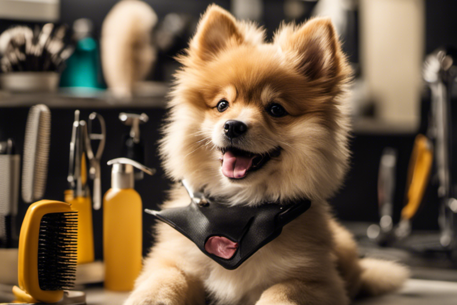 An image showcasing a smiling Spitz puppy on a grooming table, surrounded by a variety of grooming tools such as a slicker brush, nail clippers, and ear cleaner, highlighting the 3 best tips for grooming