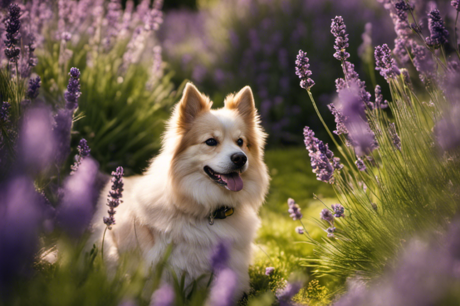 An image of a serene garden with a Spitz therapy dog nestled amidst blooming lavender, its gentle presence providing comfort