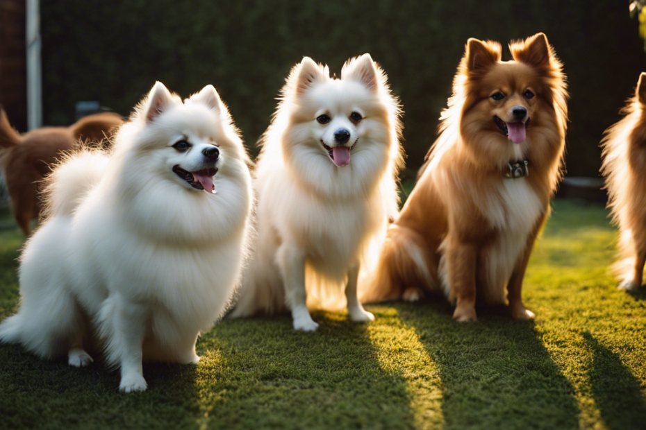 Stinct Spitz dogs in a domestic garden, showcasing their unique coat patterns and colors, with visible friendly interaction and breeding equipment like a whelping box subtly placed in the background