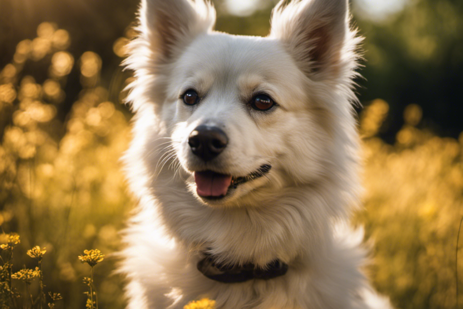 An image depicting a serene Spitz dog basking in golden sunlight, surrounded by a lush, vibrant meadow