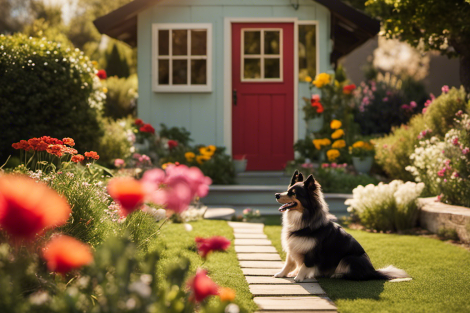 An image showcasing a serene, sun-drenched backyard oasis, adorned with vibrant flowers, a custom-built doghouse, and a winding pathway leading to a Spitz playfully chasing a frisbee, embodying the 4 Best Strategies for Lengthening Your Spitz's Lifespan