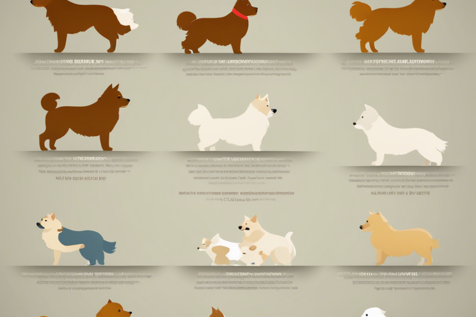 An infographic with icons of a Spitz dog in five sequential stages: mating, pregnancy, birth, nursing puppies, and weaning, each with a seasonal background to indicate time progression