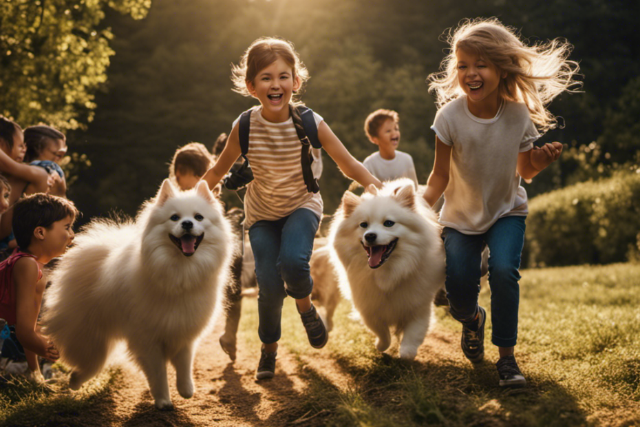 An image showcasing a lively scene of energetic children joyfully playing outdoors with their adorable Spitz companions