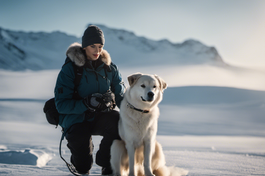 An image showcasing a serene Arctic landscape with a focused trainer and their Arctic dog