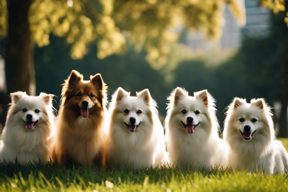 Ate five Spitz dogs in a park with distinct features, each accompanied by visual symbols of health, compatibility, pedigree, temperament, and environment, suggesting a harmonious match for breeding purposes