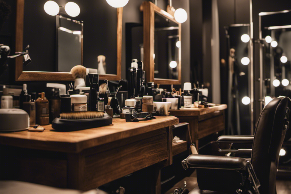 An image capturing two contrasting scenes side by side - a DIY grooming setup with various tools, including brushes and scissors, juxtaposed with a professional grooming salon, showcasing a well-designed space with grooming equipment and a pampered dog