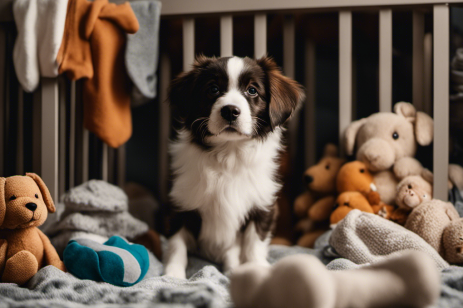 An image showcasing a content dog nestled beside a cozy, baby-themed crib, surrounded by carefully arranged toys and a set of baby clothes, symbolizing the 6 best ways to prepare your dog for a new addition to the family