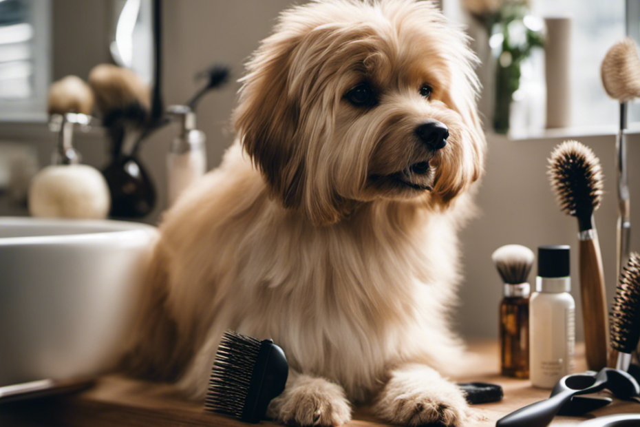 An image showcasing a serene bathroom scene with a fluffy pooch happily sitting on a raised platform, surrounded by grooming tools like brushes, combs, scissors, and a blow dryer, all neatly arranged on a shelf