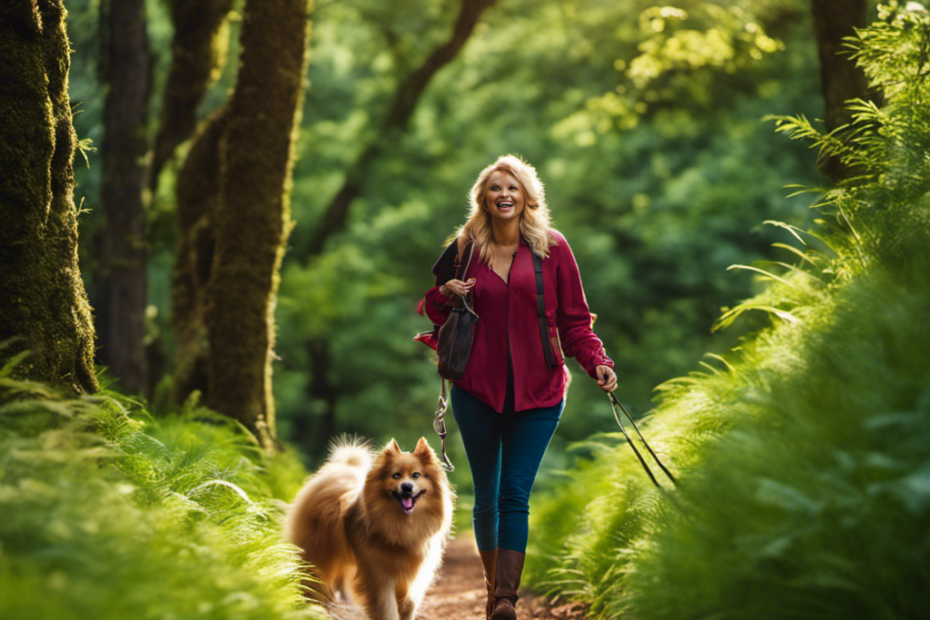 An image showcasing a vibrant outdoor scene with a healthy Spitz breed dog happily exploring a lush, green forest trail, while a loving owner engages in playful interaction, emphasizing the bond between human and canine companionship