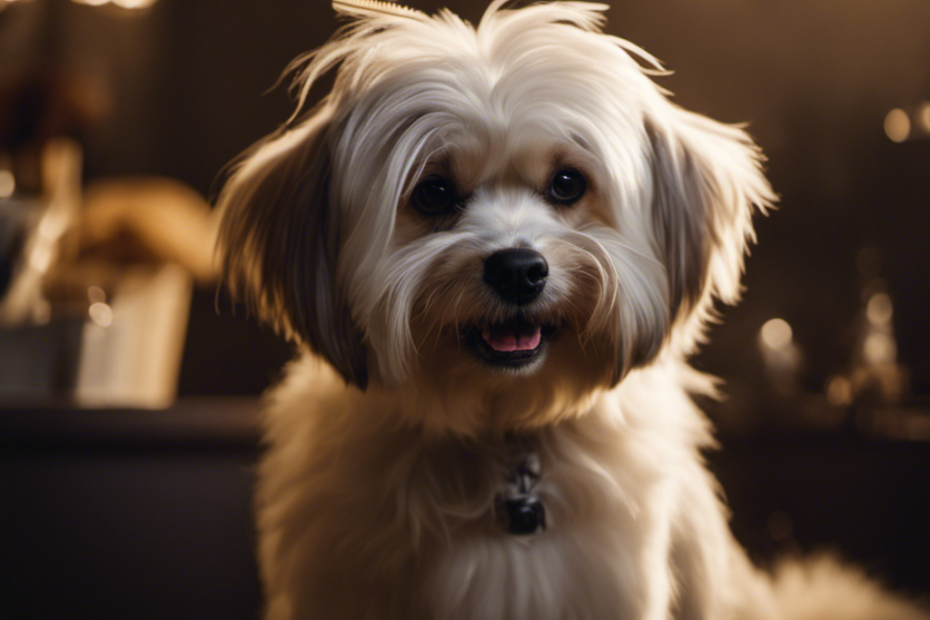 An image showcasing a fluffy pooch happily wagging its tail as a groomer gently brushes its luscious fur, surrounded by a calming atmosphere with soft lighting, soothing music, and aromatic scents