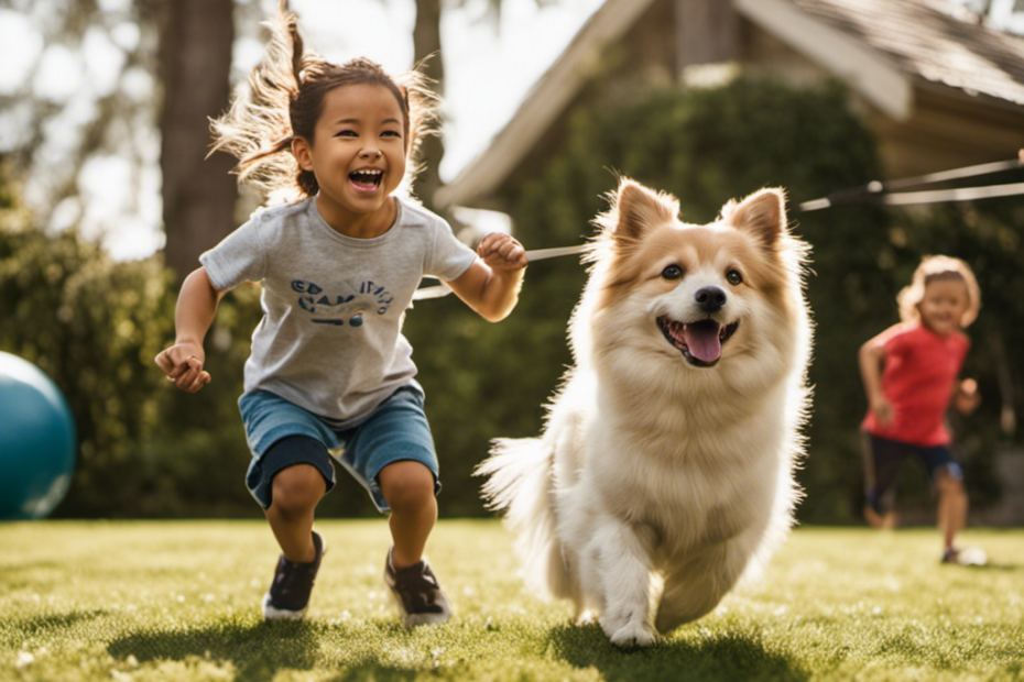 An image depicting a joyful Spitz dog, surrounded by a family in a spacious backyard