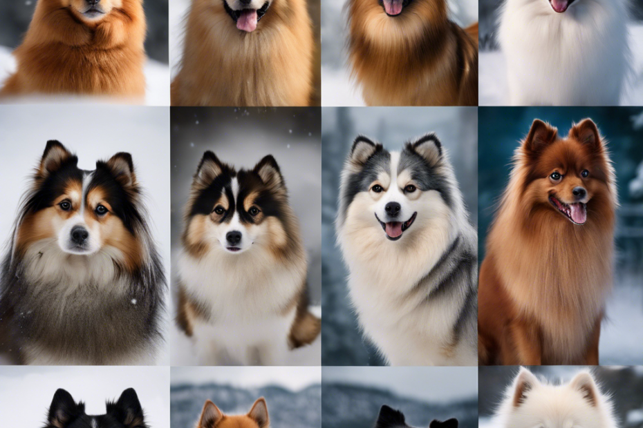 A collage featuring nine distinct Spitz dog breeds against snowy backdrops, each in a pose highlighting their thick fur and unique characteristics, with no overlapping or textual elements