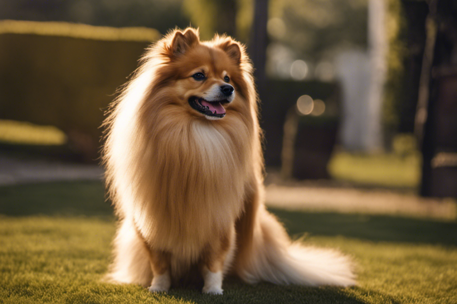 An image showcasing a well-groomed Spitz dog with a glossy double coat, perfectly trimmed around the ears, paws, and tail