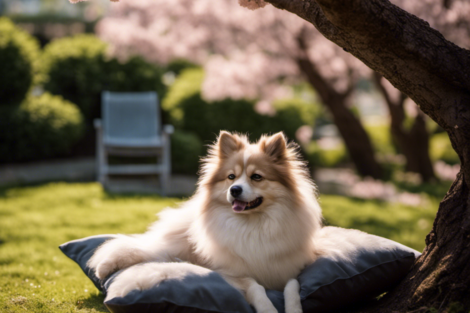 An image capturing a serene backyard scene: a gentle, elderly Spitz lounging on a plush cushion under the shade of a blossoming cherry tree, with a caregiver gently brushing its soft, silver fur