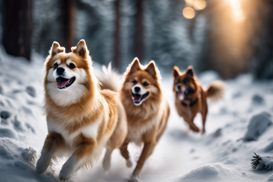 An image of energetic Spitz dogs playing in a snowy landscape with visible breath, a frosted pine forest background, and paw prints trailing off into the distance