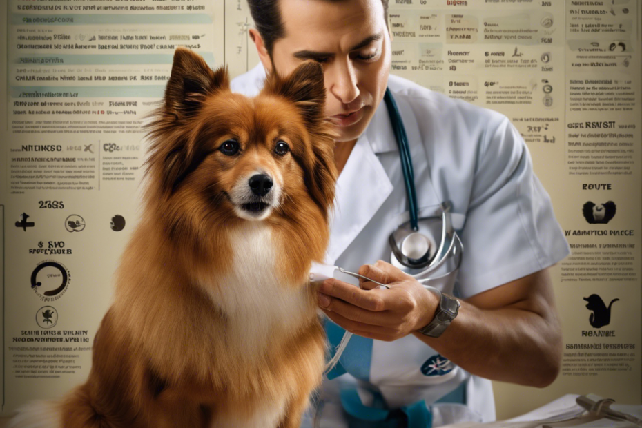 Ate a vet examining a Spitz dog focusing on its ears, skin, and teeth, with a healthy diet chart and exercise symbols in the background, indicating preventive care for common health issues
