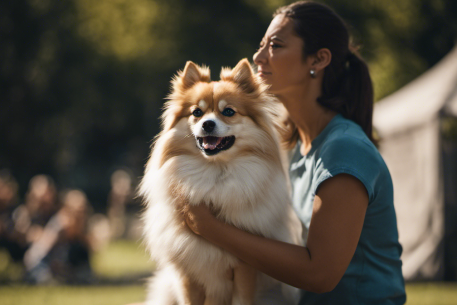 An image showcasing a spitz dog, sitting attentively beside its owner during a training session