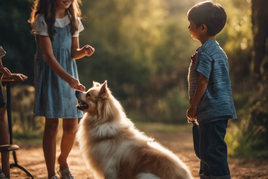 An image capturing a serene scene of a Spitz breed dog peacefully interacting with a group of children, showcasing their calm demeanor and friendly nature