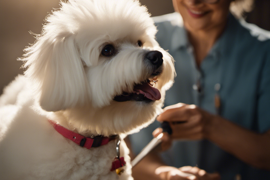 A vibrant image showcasing a cheerful owner gently brushing a fluffy, smiling Bichon Frise