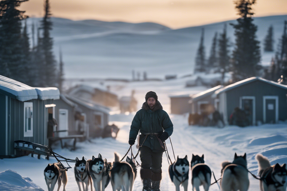 Ze a serene Arctic landscape at dawn, with a musher affectionately handling a diverse pack of huskies, showcasing puppies and adults, amid snowy kennels and training equipment