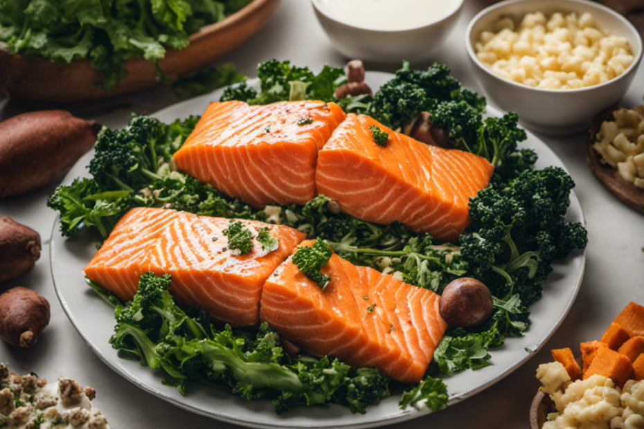 An image showcasing a vibrant plate filled with lean salmon, leafy kale, nutrient-rich sweet potatoes, and calcium-packed dairy products