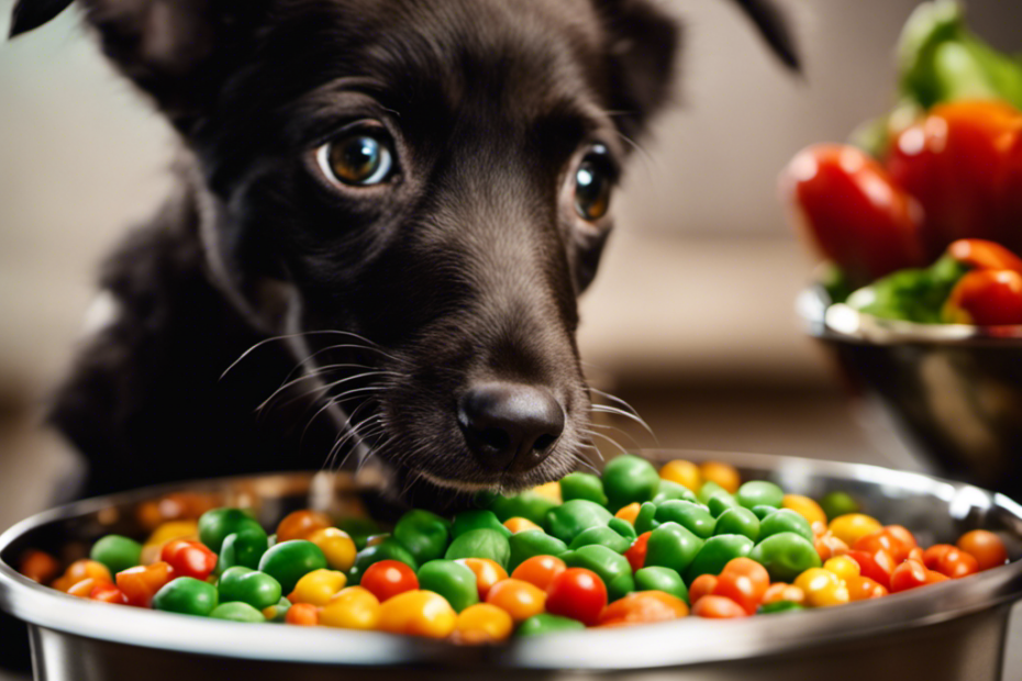 a close-up of a stainless steel puppy feeding bowl filled with nutrient-rich kibble, glistening with droplets of water