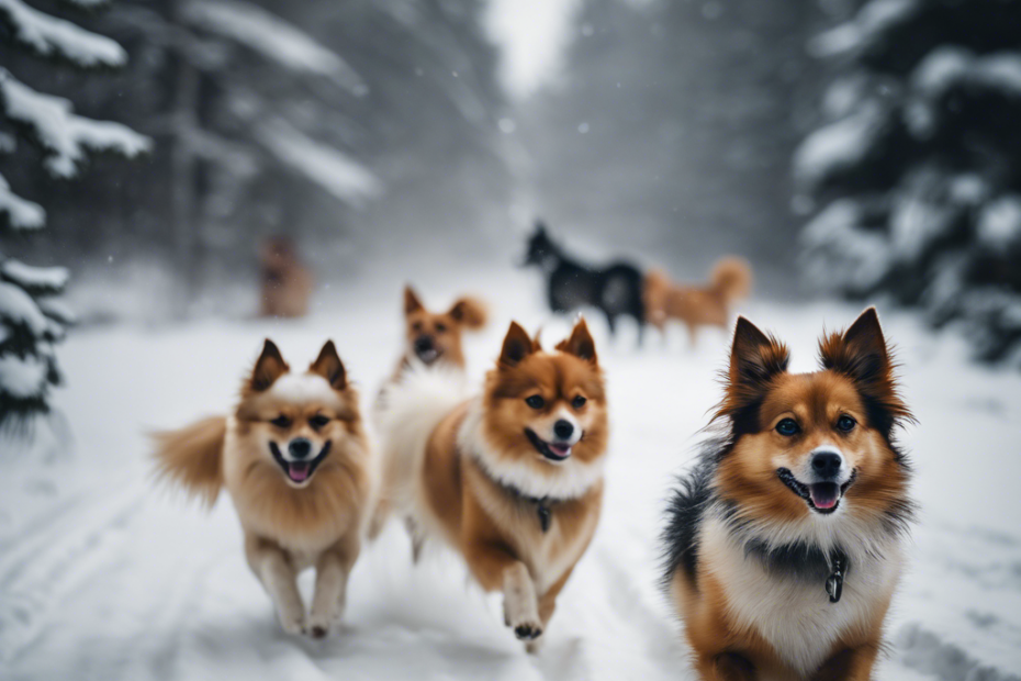 An image of various Spitz dogs with thick fur, happily playing and frolicking in a snowy, wintry landscape with visible breath in the cold air