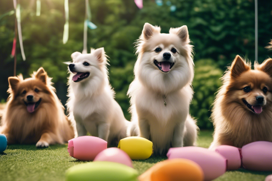 An image of adult Spitz dogs surrounded by puppies in a professional breeding facility, with ribbons and awards, and a lush green outdoor play area in the background