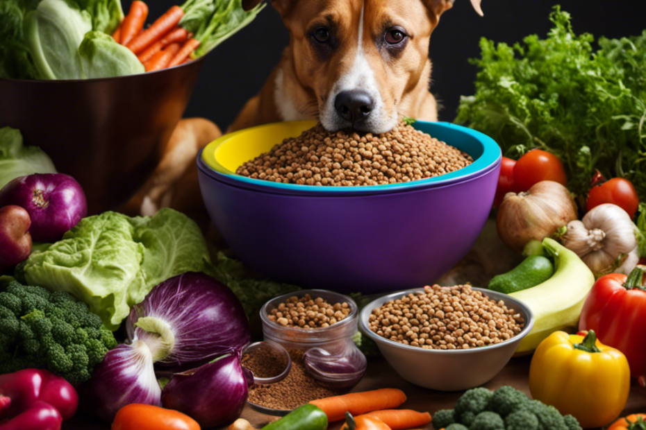 An image showcasing a colorful bowl filled with portioned, nutrient-rich kibble tailored for pooch breeds