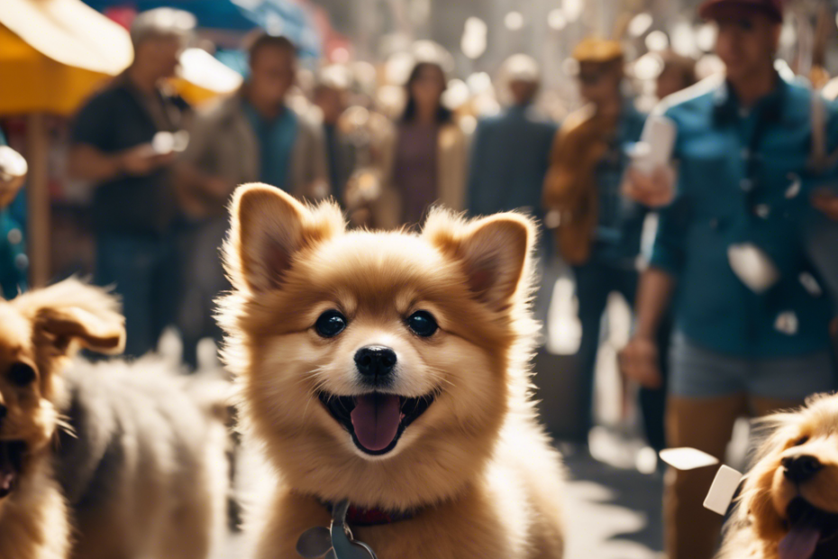 An image with a joyful Spitz puppy surrounded by social media icons, a megaphone, and people looking with interest, all against a background of a bustling pet market